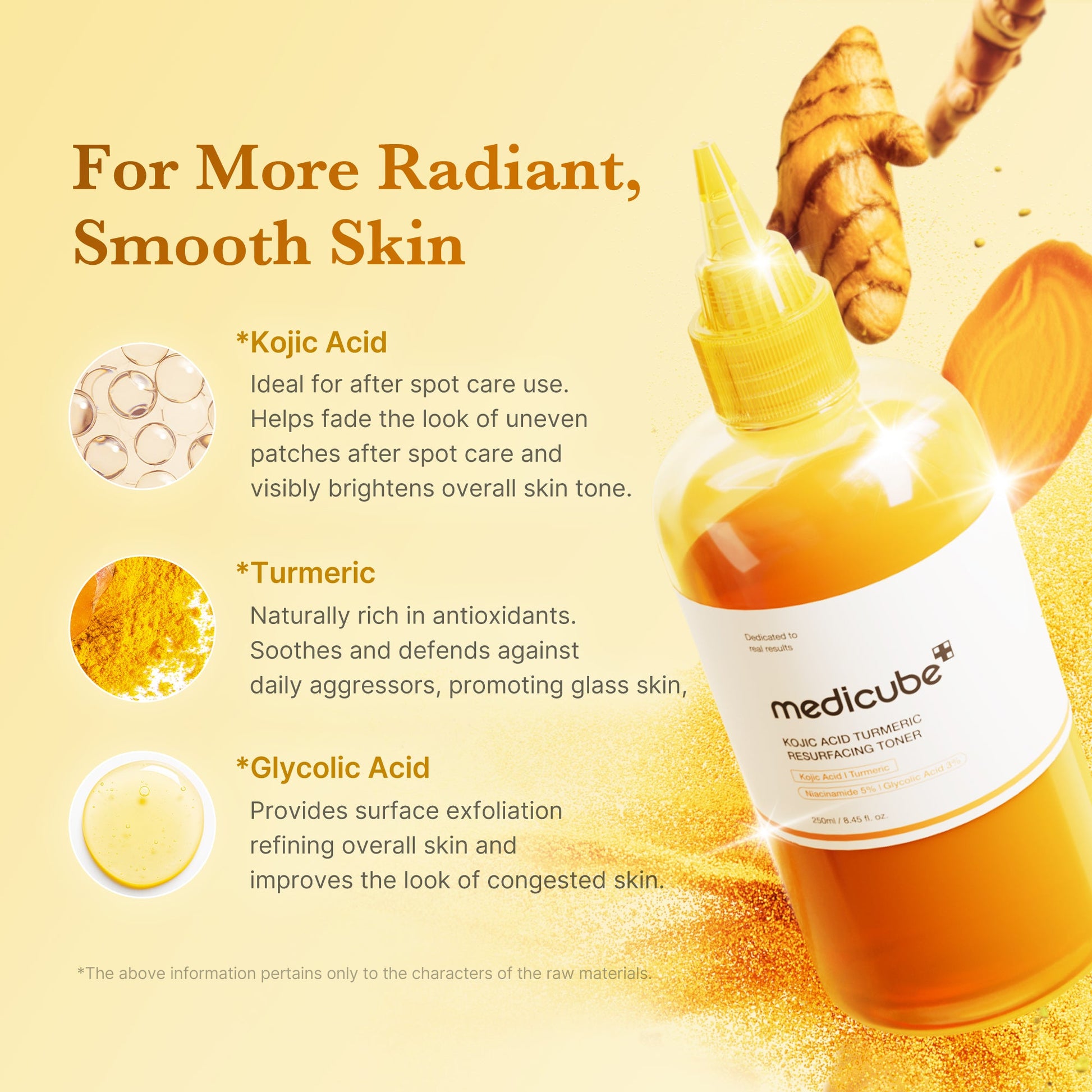 Medicube Kojic Acid Turmeric Resurfacing Toner - Key Ingredients: Kojic Acid, Turmeric, Glycolic Acid