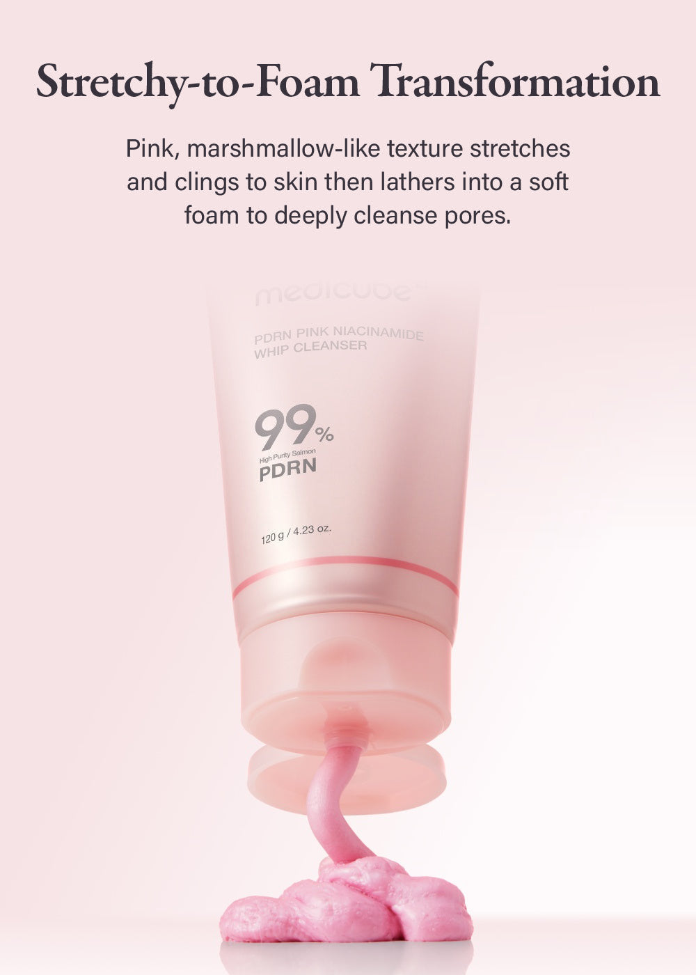 Medicube PDRN Pink Whip Cleanser stretchy-to-foam texture
